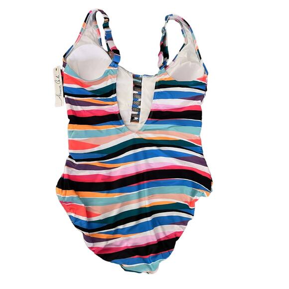 Anne Cole Swimsuit Size 16 Multi Wave Stripe Front Cutout Shirred One Piece NWT - Picture 2 of 9